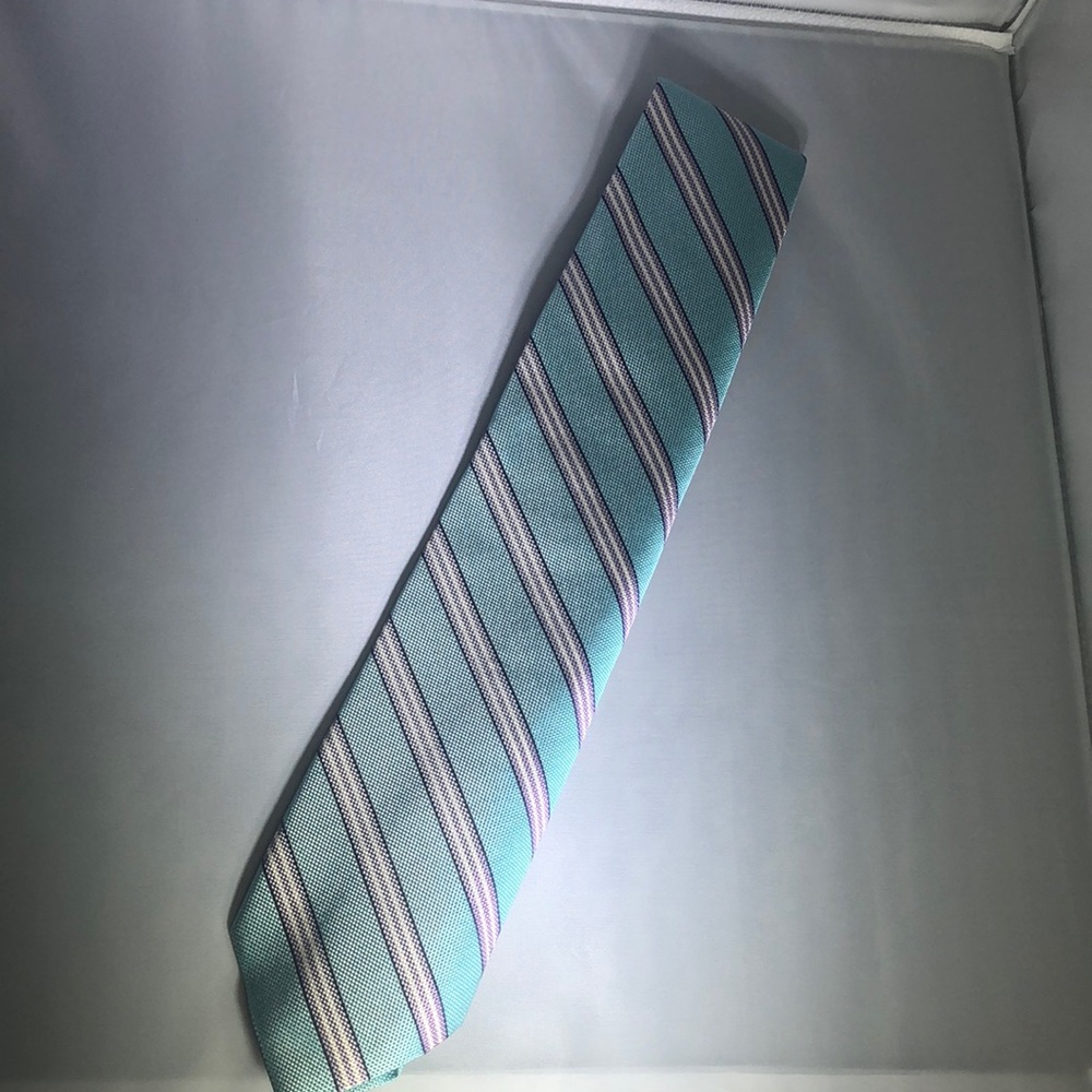 Brooks Brothers “346” Pure Silk Mens Tie Blueish Green, Purple & White Stripes